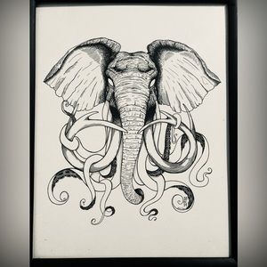 *2/$20* 🐘🐙 Elephant Octopus Creature Pen Drawing + Frame - RARE